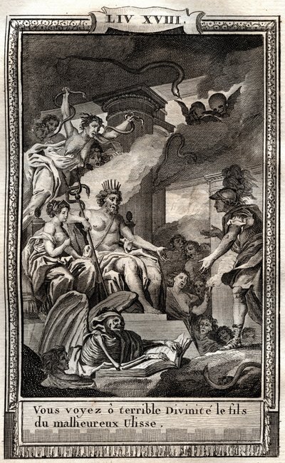 Tu vedi o terribile divinità il figlio del malvagio Ulisse - incisione del 1798 di Monnet in "Les Aventures de Telemaque, fils d