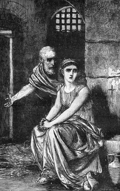 La giovane vergine cristiana Teodora di Alessandria rinchiusa in una casa di depravazione per aver rifiutato di rinunciare alla sua fede. Incisione in 