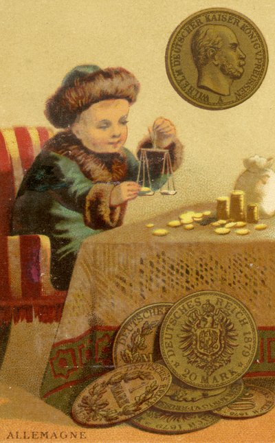 Giovane banchiere tedesco che pesa marchi tedeschi, da una serie di carte promozionali sulle valute in diversi paesi, pubblicata a Parigi da Baster & Vieillemard per uso del produttore di cioccolato, Chocolat da French School