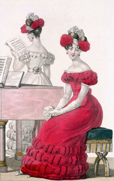 Giovane donna in abito da sera di crepe con un elaborato copricapo, pubblicità in Modes de Paris, c.1825 da French School