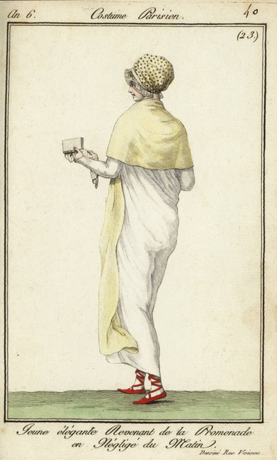 Giovane donna elegante in passeggiata su Rue Vivienne da French School