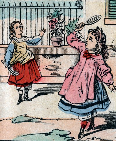 Ragazze che giocano a volano, gioco antico simile al badminton - Immagine di Epinal - 19° secolo (incisione) da French School