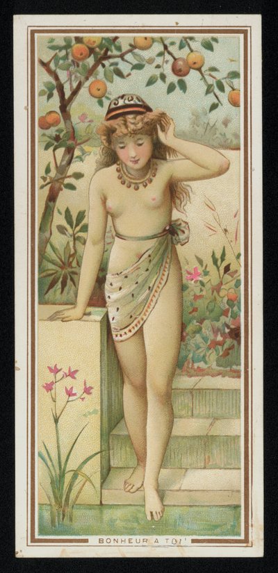 Giovane donna in un giardino, cartolina di auguri da French School