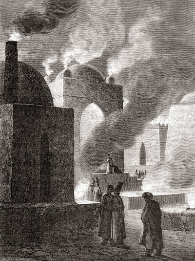 Adoratori del fuoco zoroastriani in un Tempio del Fuoco a Baku, Azerbaigian, da 