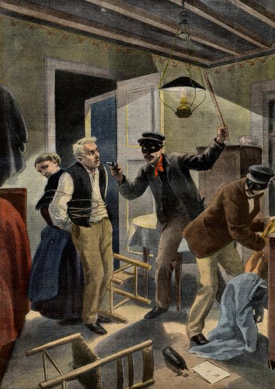 Banditismo - Una coppia anziana derubata da intrusi mascherati nella loro casa nel Gers, Francia. Scena di banditismo nel Gers. Illustrazione per Le Petit Journal, 26 gennaio 1902 da French School
