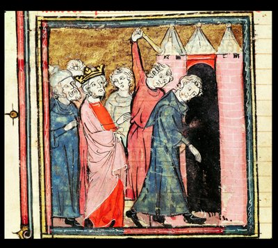 Carlo Martello supervisiona la punizione e il bando di due uomini, dalle Grandes Chroniques de France, 1375-79 da French School