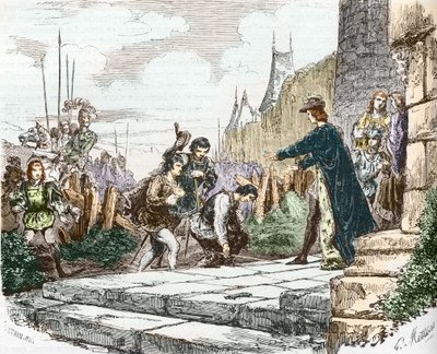 Il delfino Luigi (poi Luigi XI), il duca Giovanni II di Alençon e il duca Carlo I di Borbone chiedono perdono al re Carlo VII da French School