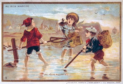 Cartolina vintage con bambini su una spiaggia da French School
