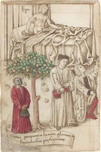 Una scimmia in viola con un uomo malato, un uomo buono e un avaro (fol. 36 verso) da French early 16th Century