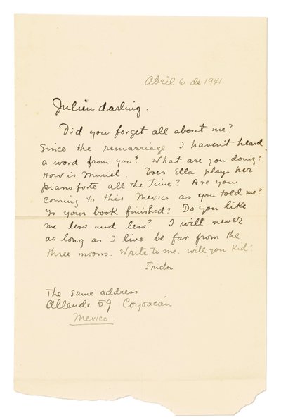 Lettera autografa firmata ("Frida") a Julien [Levy], Coyoacán, 6 aprile 1941 (penna e inchiostro su carta) da Frida Kahlo
