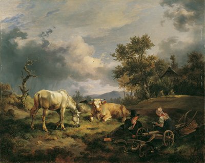 Giovane coppia di contadini che riposa sul campo da Friedrich August Mathias Gauermann