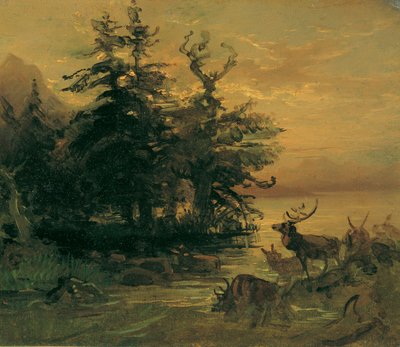 Cervi che si abbeverano sulla riva di un lago di montagna da Friedrich August Mathias Gauermann