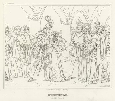 Otello, Atto II, Scena 1 (incisione) da Friedrich August Moritz Retzsch