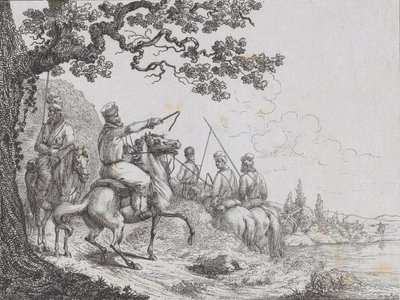 Cosacchi che cavalcano lungo una riva del fiume, 1814 da Friedrich August de La Belle