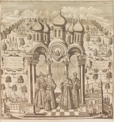 Feodor III, Pietro I, Ivan V e Patriarca Adriano I. Da Das veraenderte Russland..., 1721 da Friedrich Christian Weber