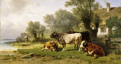 Bovini in un cortile di una fattoria lungo un fiume con un pescatore oltre, 1881 da Friedrich Johann Voltz