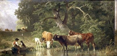 Bovini che si abbeverano a uno stagno nel bosco da Friedrich Johann Voltz