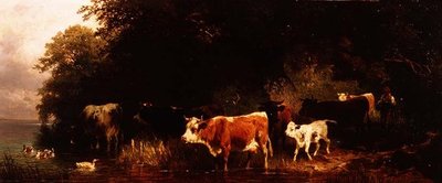 Paesaggio fluviale boscoso con mandriano e bestiame che si abbevera da Friedrich Johann Voltz