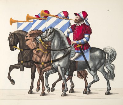 Tre musicisti a un torneo, tavola da Una storia dello sviluppo e delle usanze della cavalleria, di Dr. Franz Kottenkamp, pubblicato da Carl Hoffmann, 1842 da Friedrich Martin von Reibisch