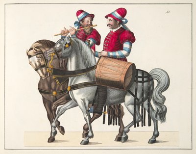 Due musicisti a un torneo, tavola da Una storia dello sviluppo e delle usanze della cavalleria, di Dr. Franz Kottenkamp, pubblicato da Carl Hoffmann, 1842 da Friedrich Martin von Reibisch