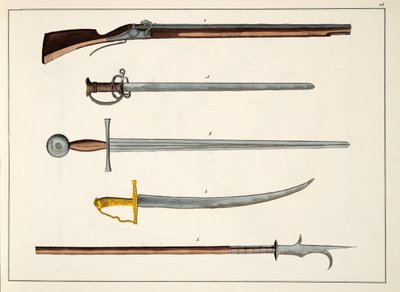 Armi tra cui spade e lance, c.1400, tavola da A History of the Development and Customs of Chivalry, di Dr. Franz Kottenkamp, pubblicato da Carl Hoffmann, 1842 da Friedrich Martin von Reibisch