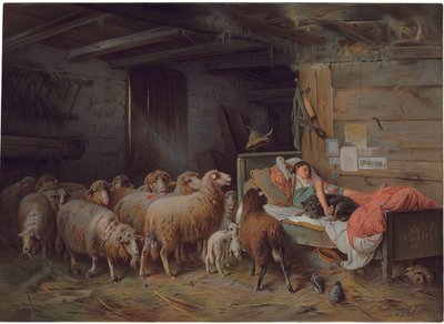Placca raffigurante un pastore addormentato con il suo cane, un gregge incustodito al suo fianco, fine XIX - inizio XX secolo da Friedrich Otto Gebler