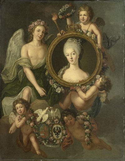 Ritratto di Guglielmina di Prussia in un medaglione con allusioni al suo matrimonio con il principe Guglielmo V il 4 ottobre 1767 a Berlino (Frederika Sophia Wilhelmina) da Friedrich Reclam