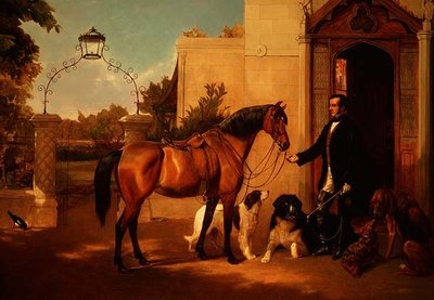 Un gentiluomo con il suo cavallo da caccia e cani fuori dalla sua casa da Friedrich Wilhelm Keyl