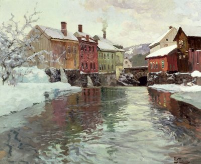 Edifici innevati vicino a un fiume da Frits Thaulow
