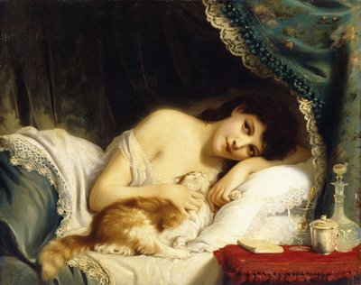 Una bellezza reclinata con il suo gatto da Fritz Zuber Buhler