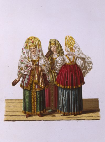 Costumi di donne e fanciulle di Tver dalla serie Abbigliamento dello stato russo da Fyodor Grigoryevich Solntsev
