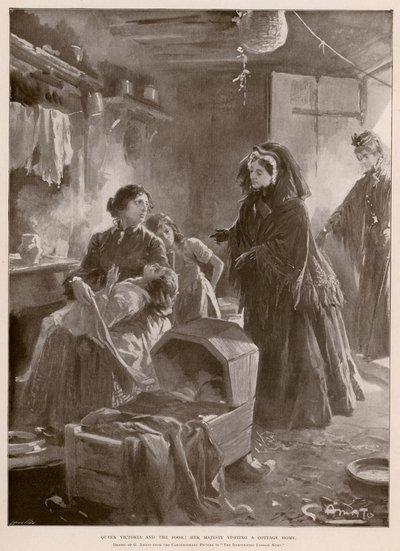 Regina Vittoria e i poveri: la regina visita una casa di campagna (fotoincisione) da G.S. (after) Amato