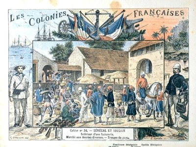 Copertina di un libro scolastico raffigurante scene nelle colonie francesi del Senegal e del Sudan, fine XIX secolo da G. (after) Dascher