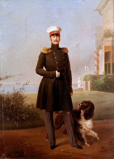 Ritratto a figura intera dello zar russo Nicola I (1796-1855) a Peterhof Dipinto di Georg Botmann (19° secolo) da G. Botmann