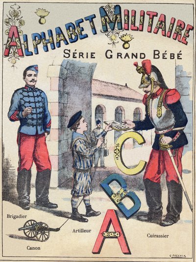 Copertina di "Alfabeto militare", serie Grand-Bebe. Incisione. Immagini di Pont-a-Mousson. Louis Vagne, Stampatore-Editore, circa 1900. Illustrazioni di G. Dascher. 20 pagine. Dim: 31,5x24,5cm da G. Dascher