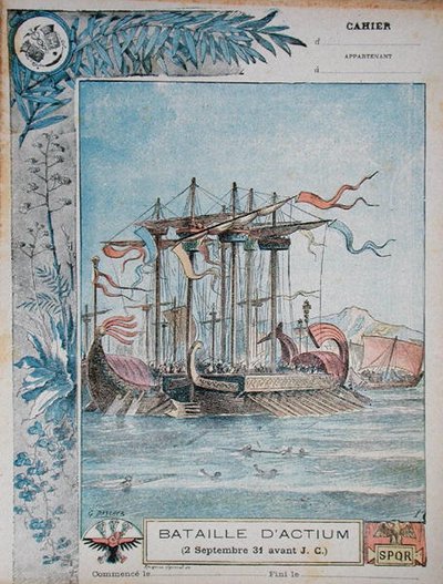 Copertina di quaderno scolastico che illustra la Battaglia di Azio, 2 settembre 31 a.C., c.1900 da G. Dascher