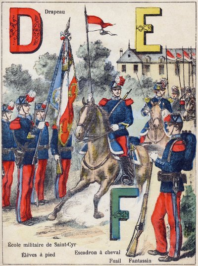 Lettere D E F: Bandiera, Scuola Militare di Saint-Cyr (Saint Cyr), Allievi a piedi, Squadrone a cavallo, Fucile e Fante, c.1900 (litografia) da G. Dascher