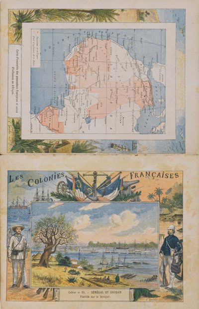 Mappa delle possessioni francesi e delle sfere di influenza in Africa e una vista del fiume Senegal, copertina di un quaderno scolastico, fine XIX secolo da G. Dascher