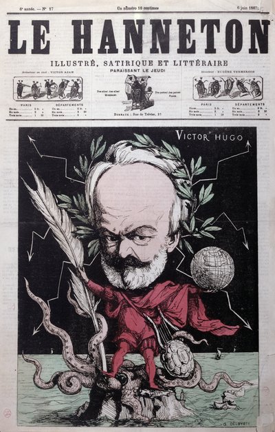 Caricatura di Victor Hugo (1802-85) come Zeus in esilio a Guernsey dalla copertina di Le Hanneton, giugno 1867 da G. Deloyoti