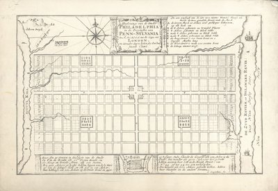 Il primo piano di Filadelfia, ideato da William Penn e Thomas Holme nel 1682, 1684 da G. Drogenham