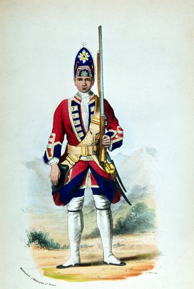 Un privato nei Royal North British Fusiliers nel 1742, per i Cannons Military Records da G. E. Madeley
