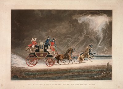 La diligenza in un temporale su Newmarket Heath, Suffolk, 1827 da G Reeves