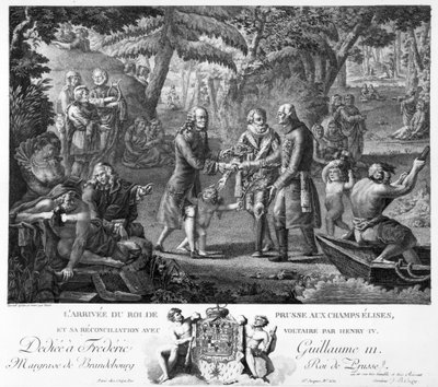 Enrico IV riconcilia Federico Guglielmo II e Voltaire ai Campi Elisi, seconda metà del XVIII secolo da G. Texier