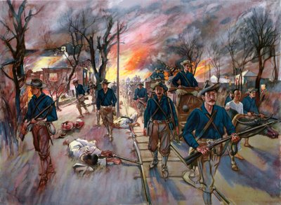 Il treno delle munizioni e le riserve del ventesimo volontari del Kansas, colonnello Frederick Funston, marcia attraverso Caloocan di notte dopo la battaglia del 10 febbraio da G. W. Peters