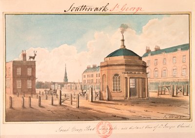Great Dover Road Turnpike e vista distante della chiesa di St George, Southwark, Londra da G Yates