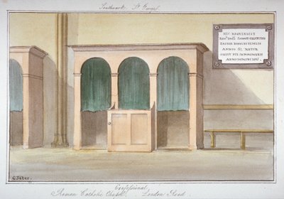 Il confessionale nella cappella cattolica romana su London Road, Southwark, Londra da G Yates