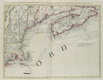 Acadia, le Province di Sagadahoc e Maine, New Hampshire, Rhode Island e parte del Massachusetts e Connecticut, incisione di G. Zuliani tratta dal Tomo I del "Nuovissimo Atlante" pubblicato a Venezia nel 1778 da Antonio Zatta, Collezione Privata da G. Zuliani
