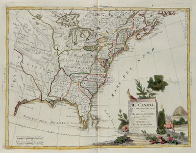 Canada, le Colonie Inglesi con Louisiana e Florida, incisione di G. Zuliani tratta dal Tomo I del Nuovissimo Atlante pubblicato a Venezia nel 1778 da Antonio Zatta, Collezione Privata da G. Zuliani