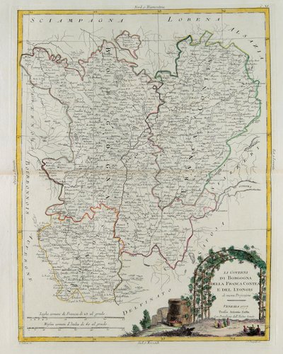 Governanze di Borgogna, Franca Contea e Lione, incisione di G. Zuliani tratta dal Tomo I del Nuovissimo Atlante pubblicato a Venezia nel 1777 da Antonio Zatta, Collezione Privata da G. Zuliani