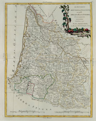 Governanze di Guienna e Guascogna con quella di Béarn e Bassa Navarra, incisione di G. Zuliani tratta dal Tomo I del Nuovissimo Atlante pubblicato a Venezia nel 1776 da Antonio Zatta, Collezione Privata da G. Zuliani